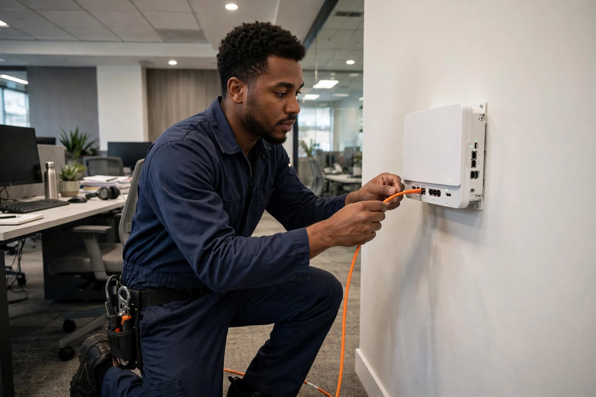Technician connecting fibre network equipment on site