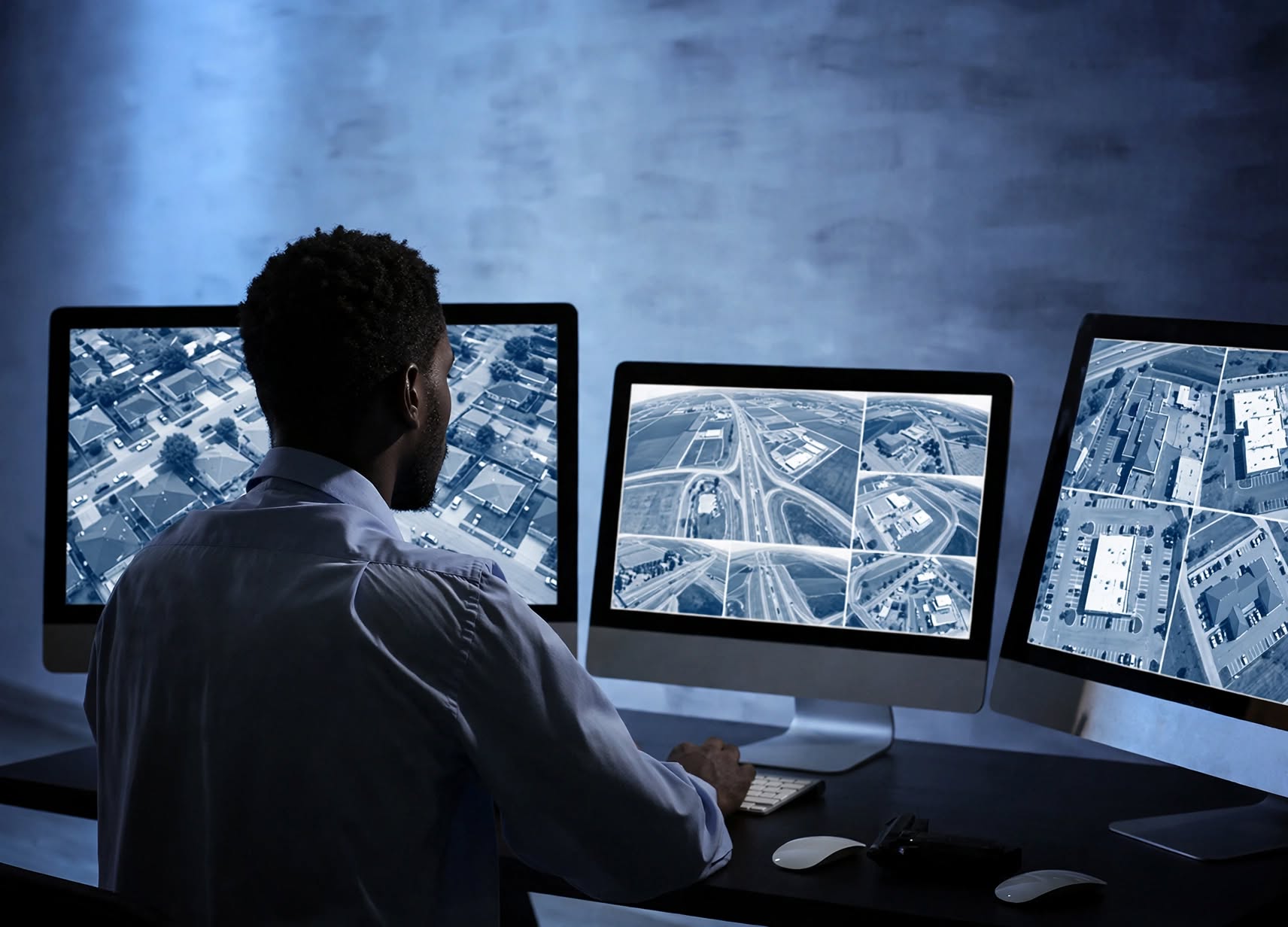 Operator monitoring live aerial surveillance feeds across multiple screens
